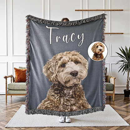 Custom Pet Photo Woven Picture Blanket Photo + Name