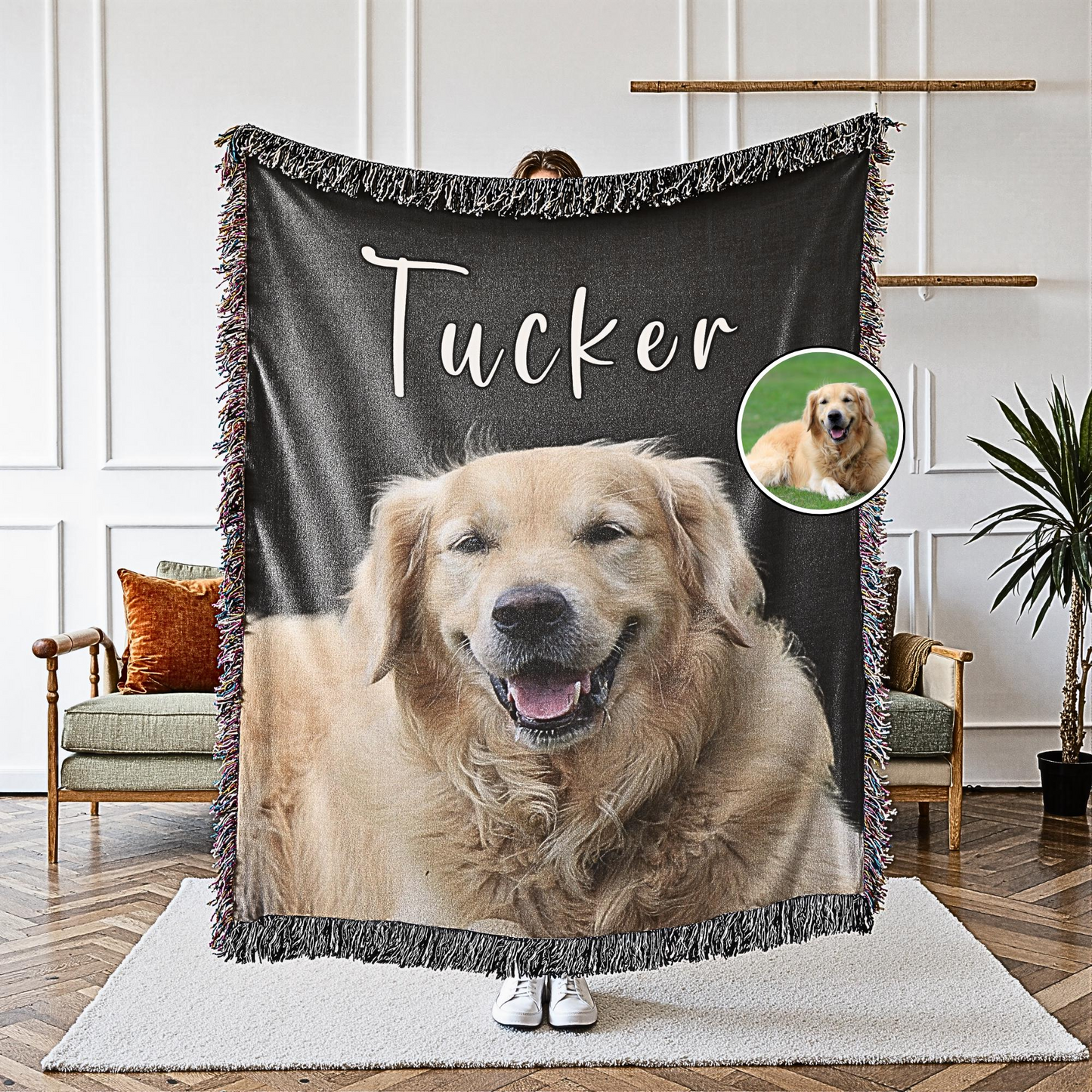 Custom Pet Photo Woven Picture Blanket Photo + Name