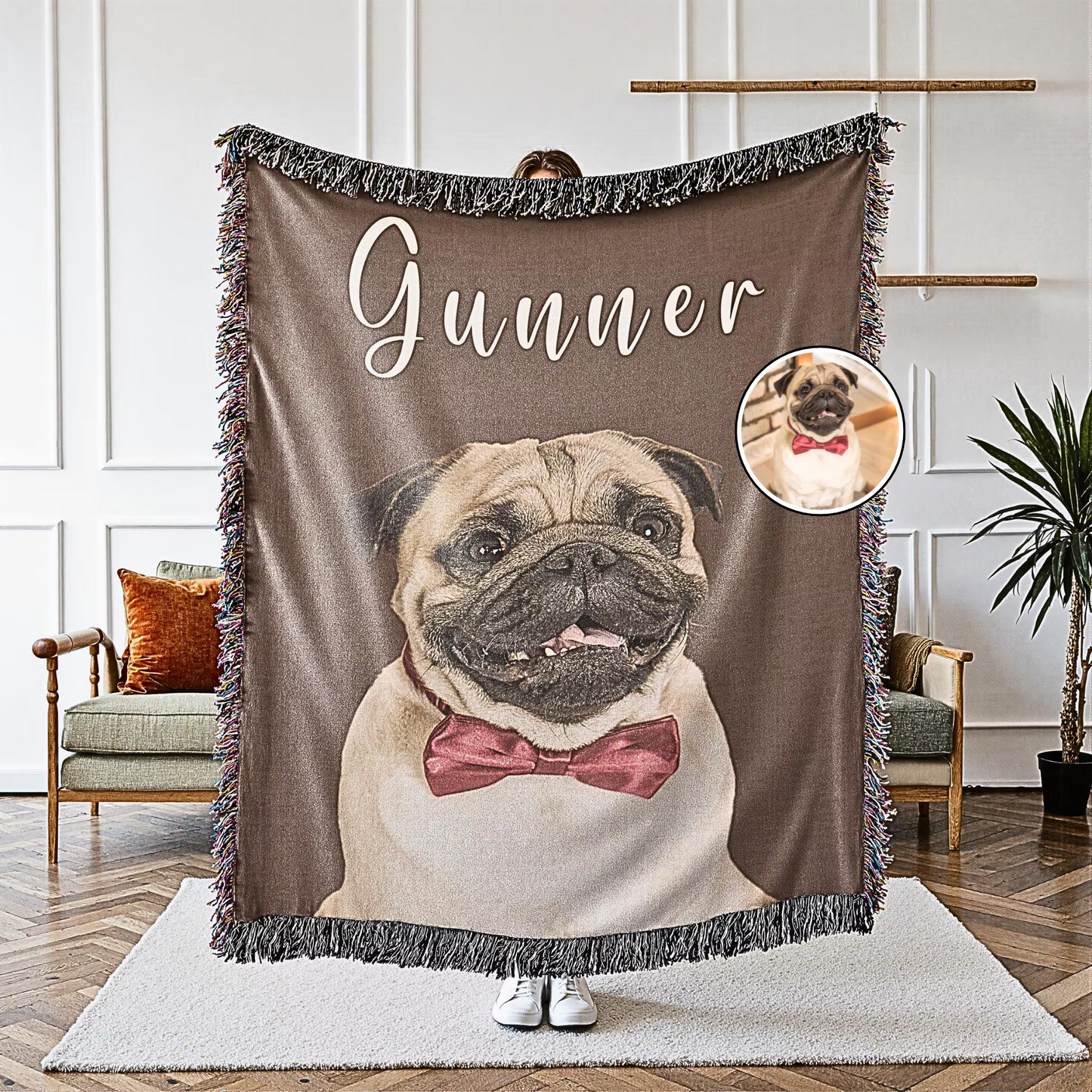 Custom Pet Photo Woven Picture Blanket Photo + Name