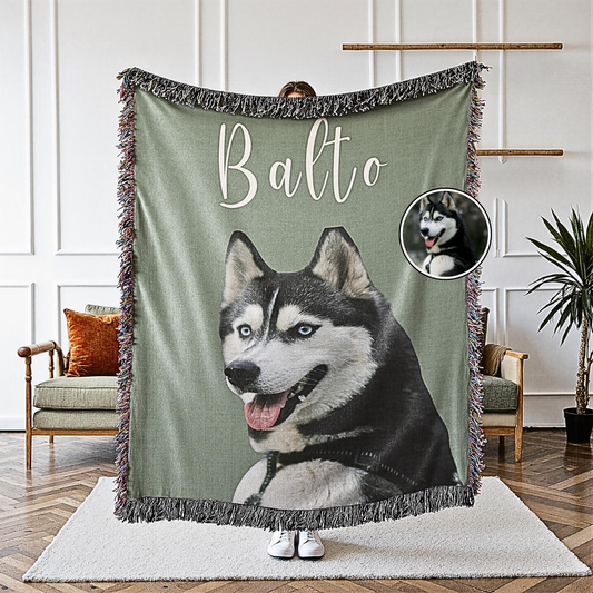 Custom Pet Photo Woven Picture Blanket Photo + Name