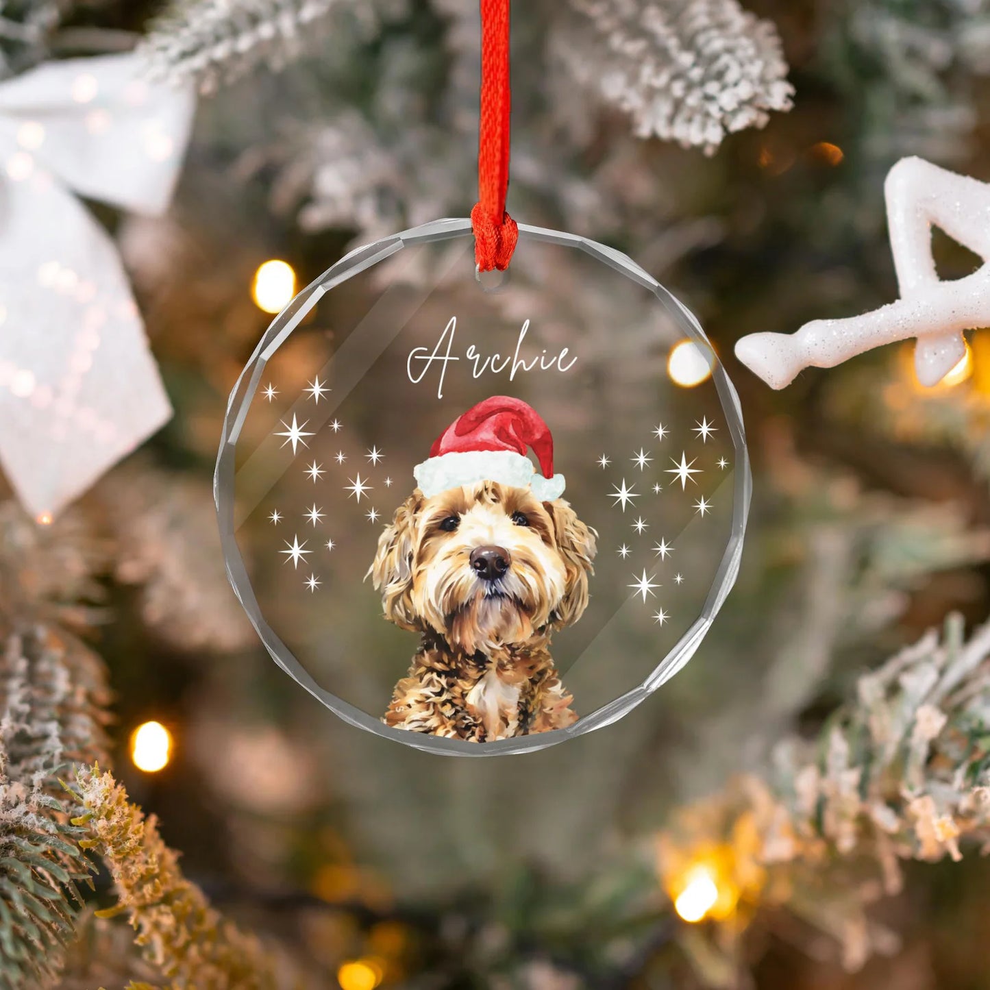 Custom Watercolor Style Christmas Glass Ornament Name + Photo