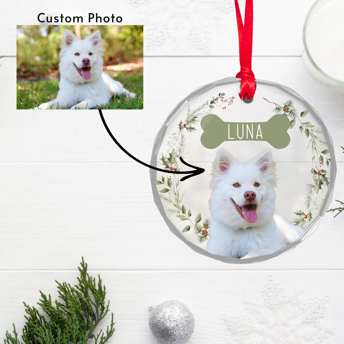 Custom Dog Glass Ornament Name + Photo