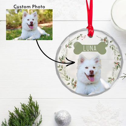 Custom Dog Glass Ornament Name + Photo