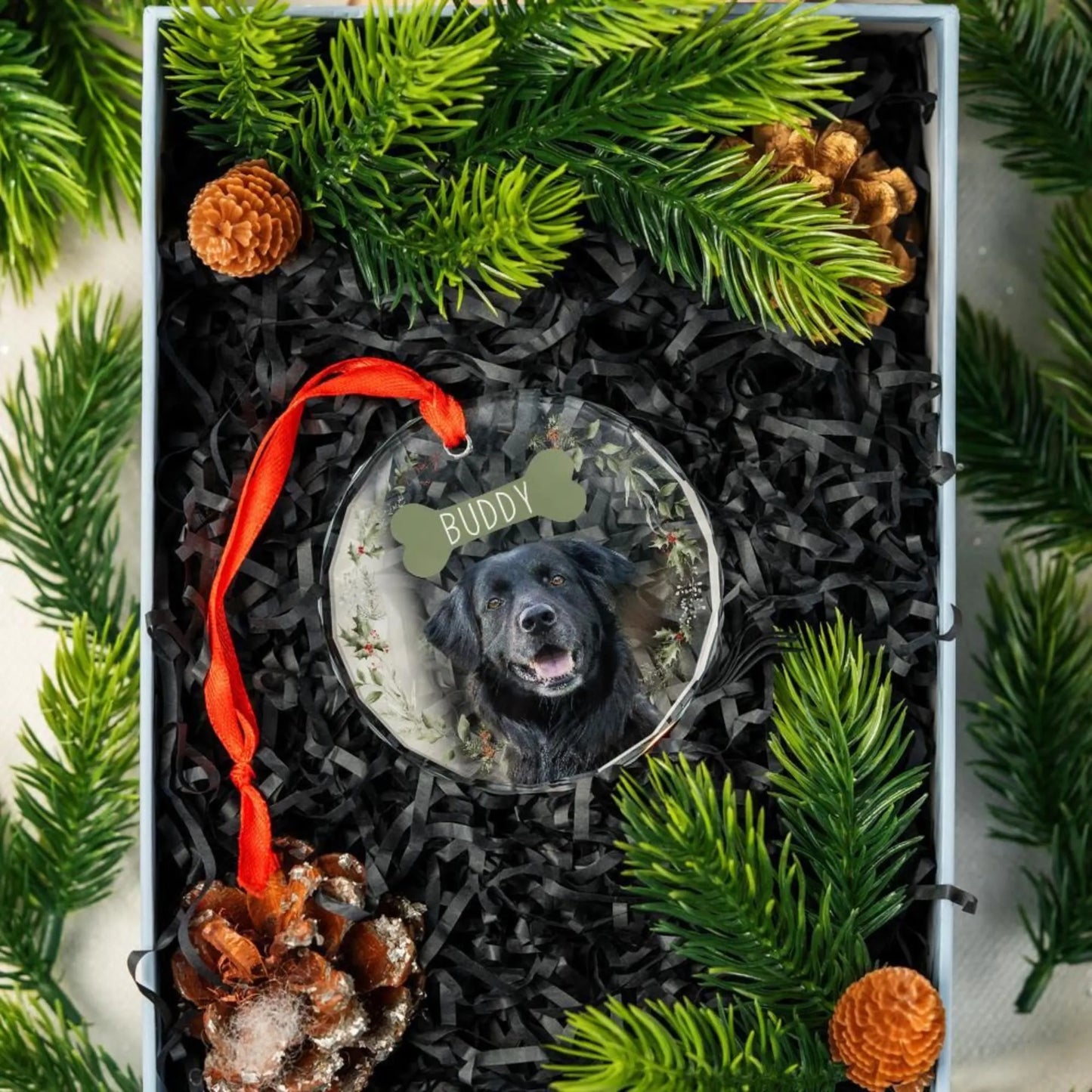 Custom Dog Glass Ornament Name + Photo