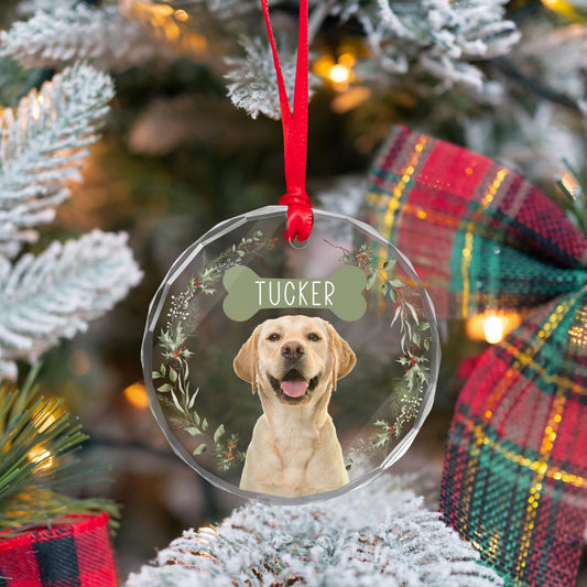 Custom Dog Glass Ornament Name + Photo