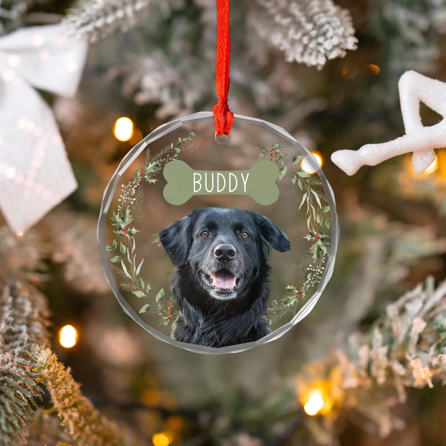 Custom Dog Glass Ornament Name + Photo