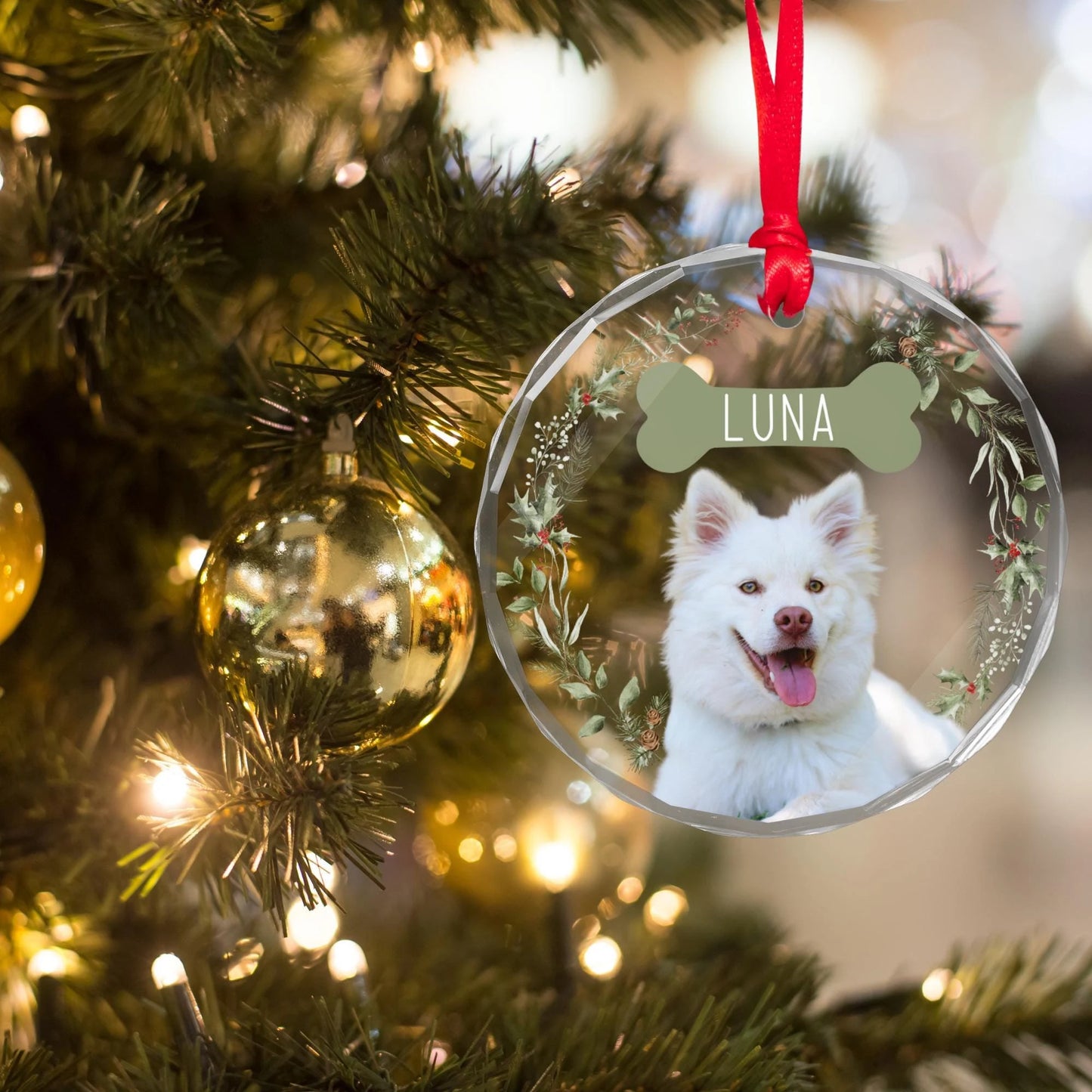 Custom Dog Glass Ornament Name + Photo